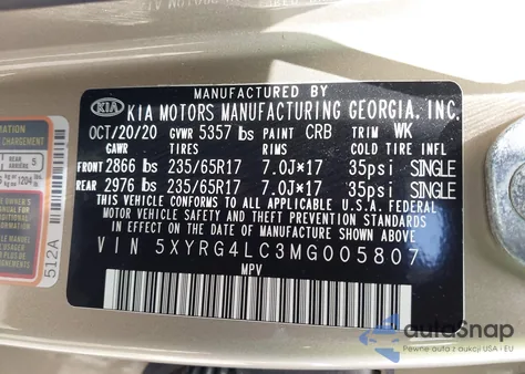 2021 Kia Sorento Lx z USA, uszkodzony, nr VIN 5XYRG4LC3MG005807